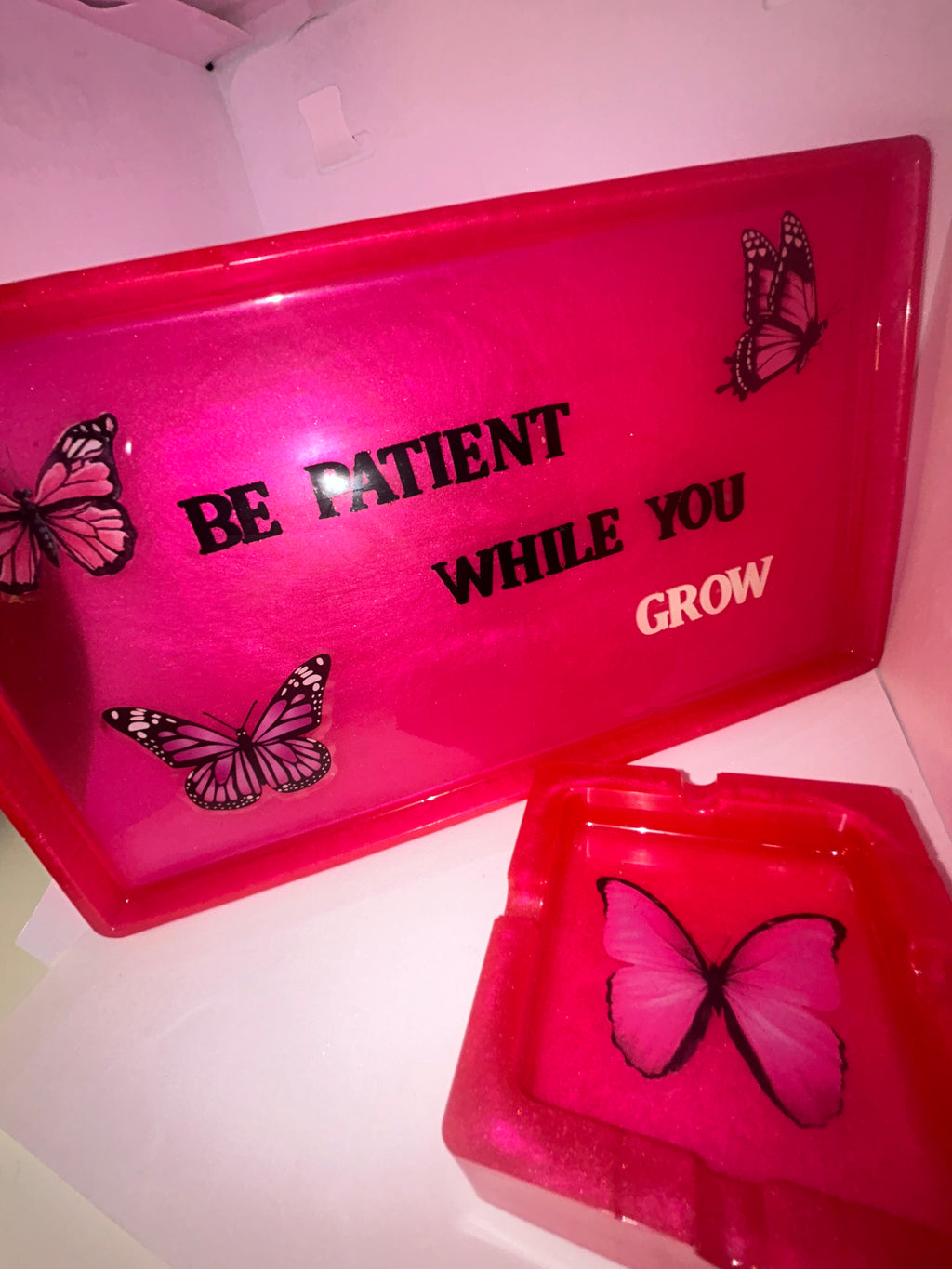 Rolling tray & ashtray set - pink butterfly